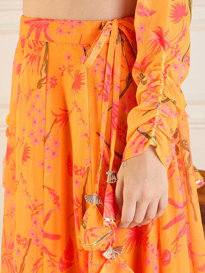 Mustard Printed Anarkali Skirt With Crop Top