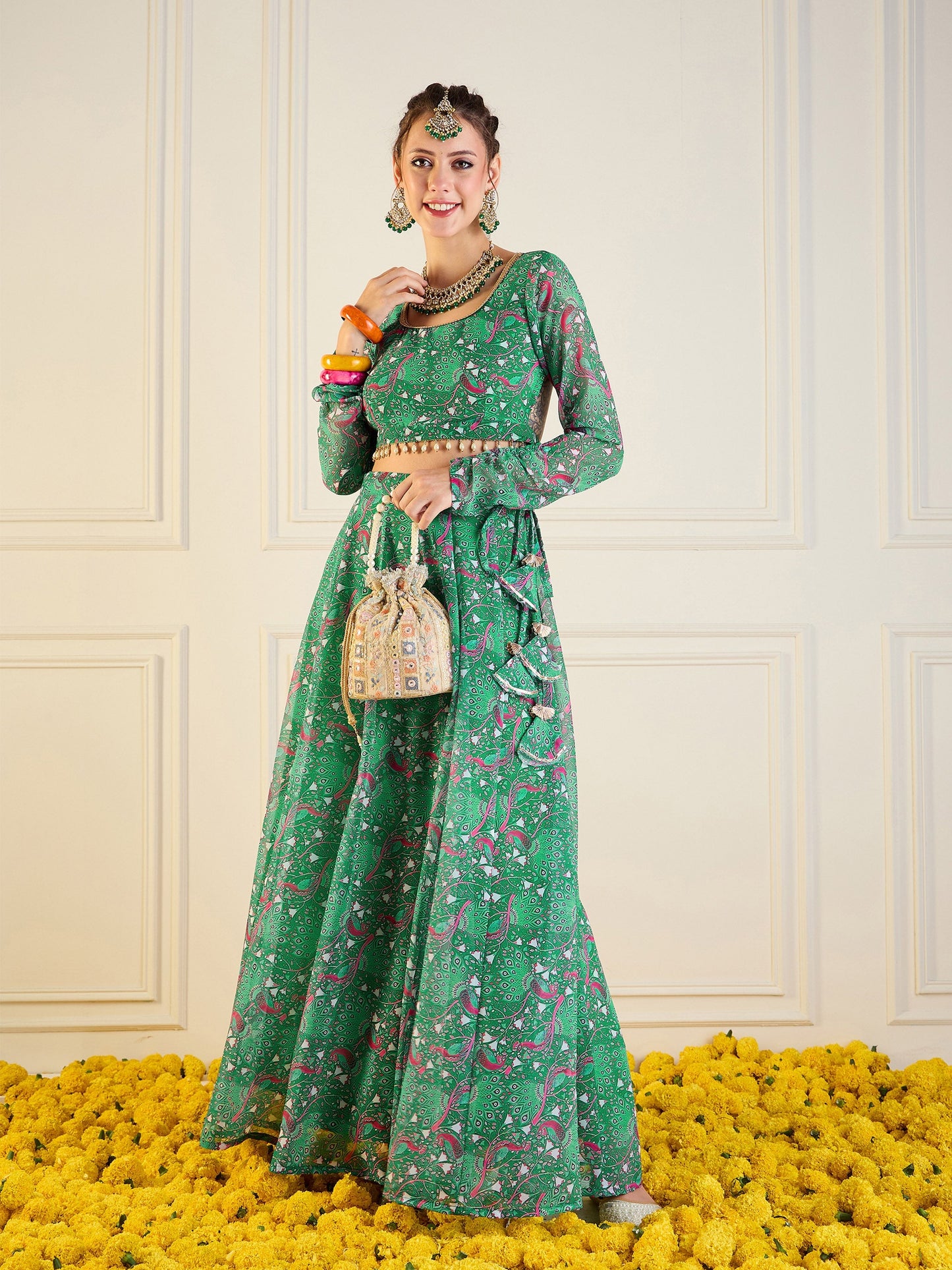 Green Printed Anarkali Skirt With Crop Top