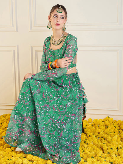 Green Printed Anarkali Skirt With Crop Top