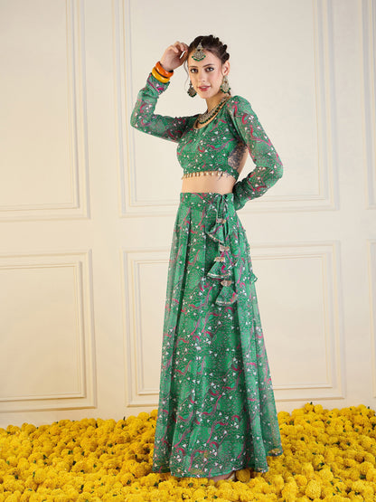 Green Printed Anarkali Skirt With Crop Top