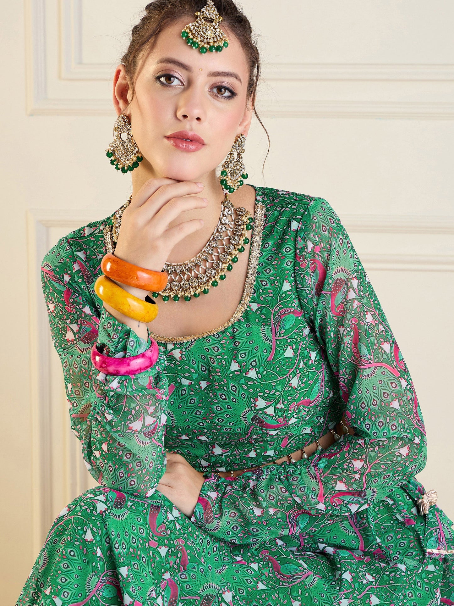 Green Printed Anarkali Skirt With Crop Top