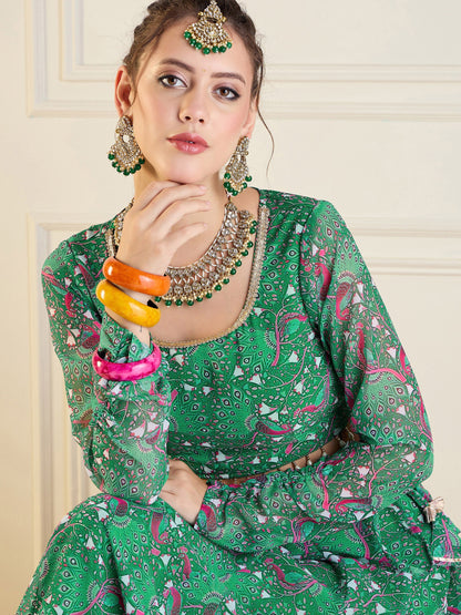 Green Printed Anarkali Skirt With Crop Top