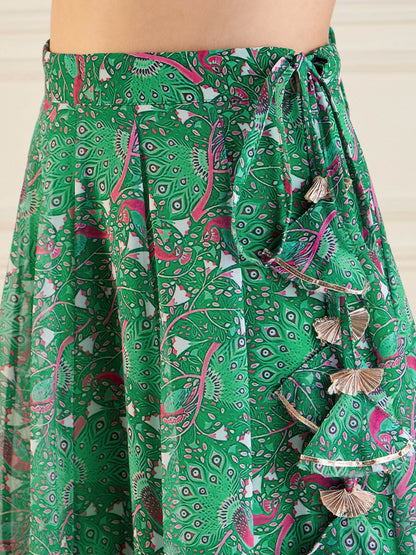 Green Printed Anarkali Skirt With Crop Top