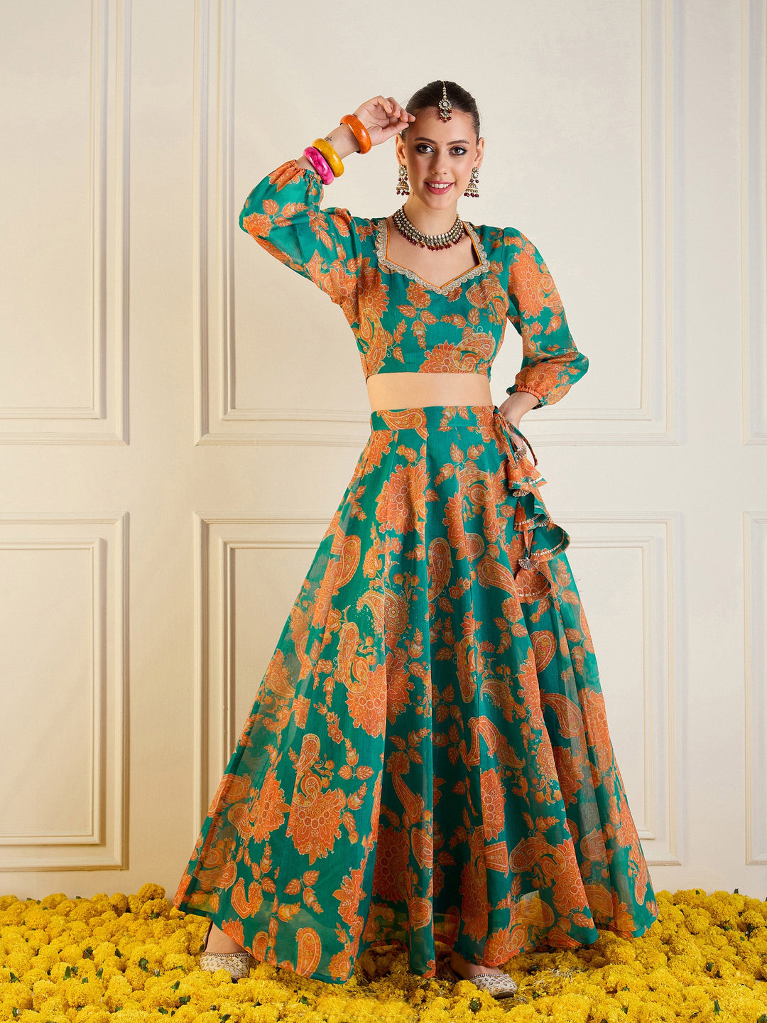 Women's Women Green & Mustard Floral Anarkali Skirt With Crop Top in Butter Crepe by Shae for wholesale, bulk, supplier, manufacturer and wholesaler buyers from Trendphoria