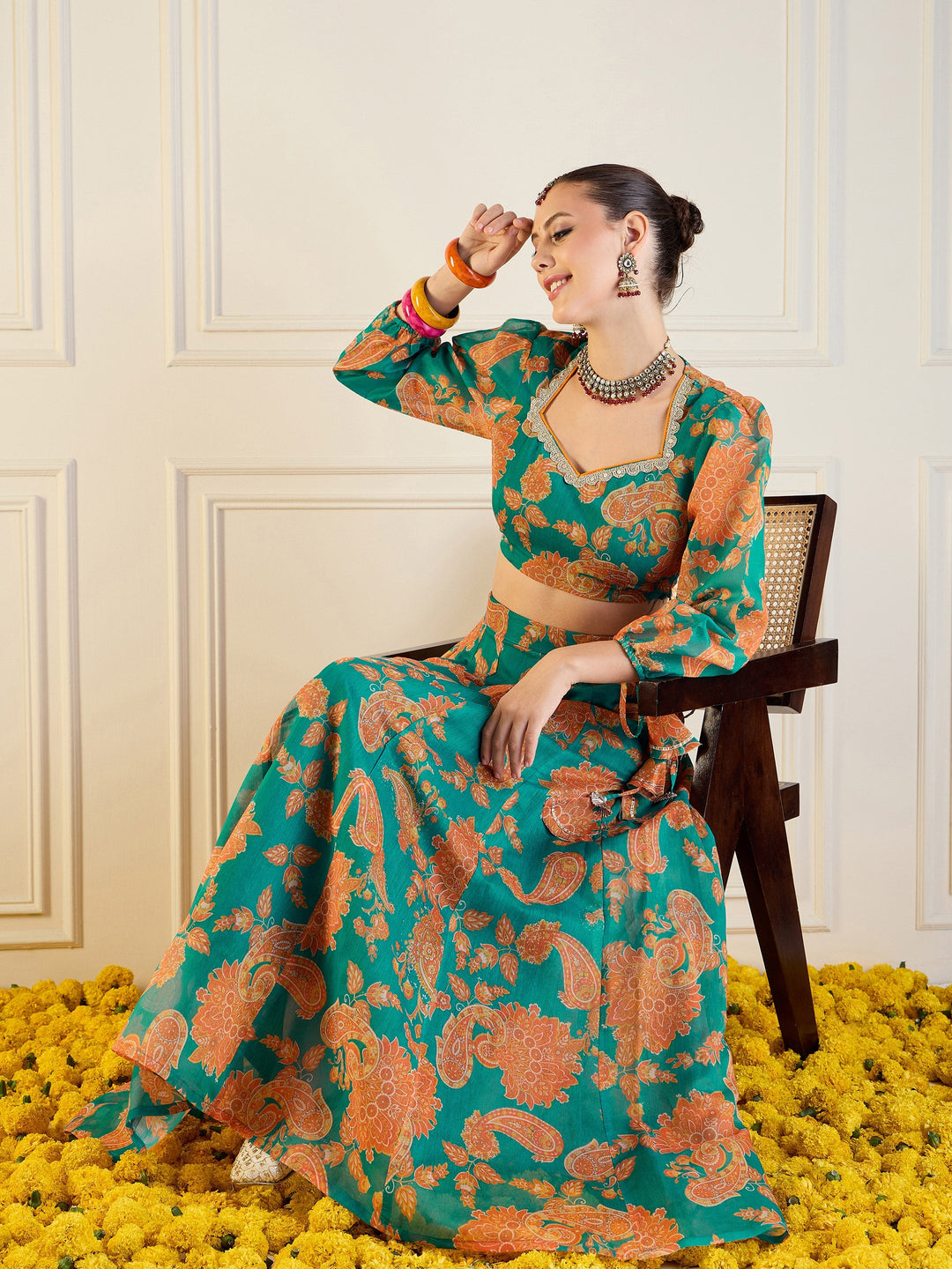 Green &amp; Mustard Floral Anarkali Skirt With Crop Top-Shae by SASSAFRAS