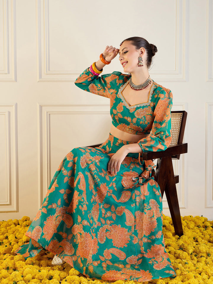 Green &amp; Mustard Floral Anarkali Skirt With Crop Top-Shae by SASSAFRAS