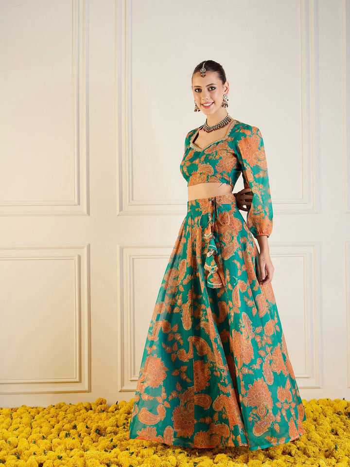 Green &amp; Mustard Floral Anarkali Skirt With Crop Top-Shae by SASSAFRAS