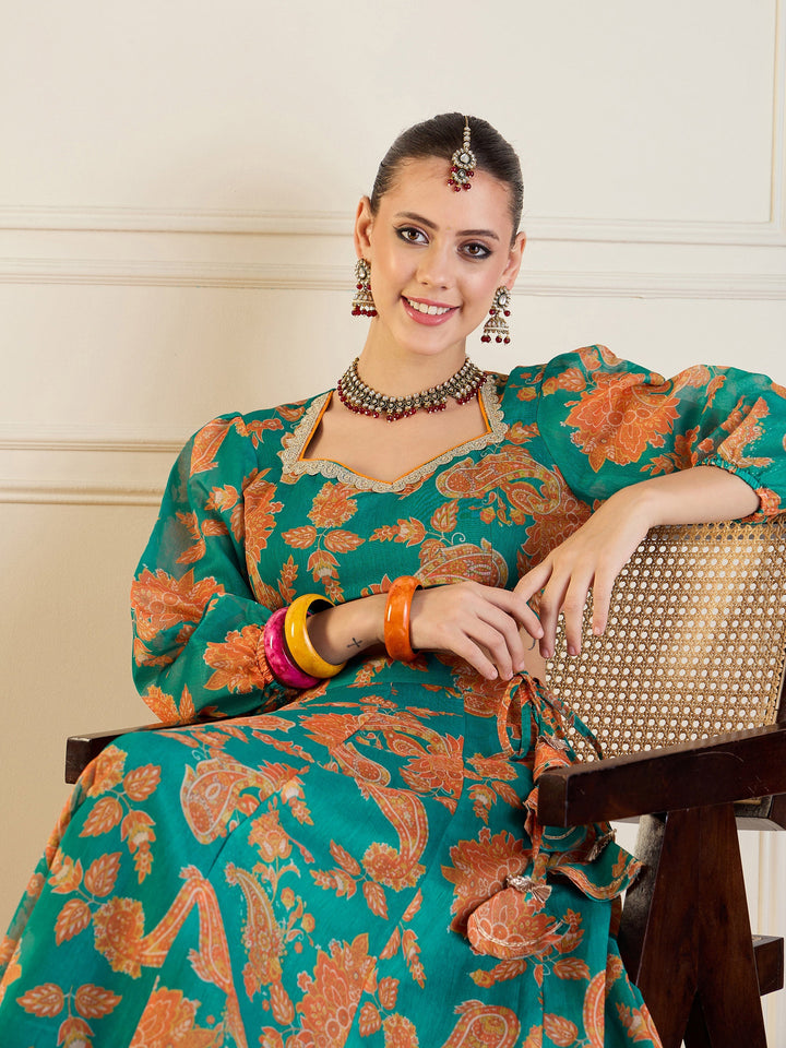 Green &amp; Mustard Floral Anarkali Skirt With Crop Top-Shae by SASSAFRAS