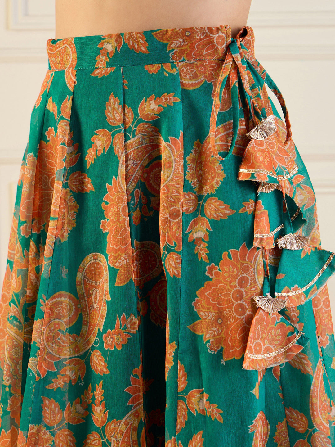 Green &amp; Mustard Floral Anarkali Skirt With Crop Top-Shae by SASSAFRAS