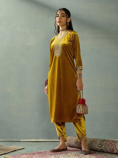 Women's Women Mustard Velvet Embroidered Kurta With Tulip Pants in Velvet by Shae for wholesale, bulk, supplier, manufacturer and wholesaler buyers from Trendphoria