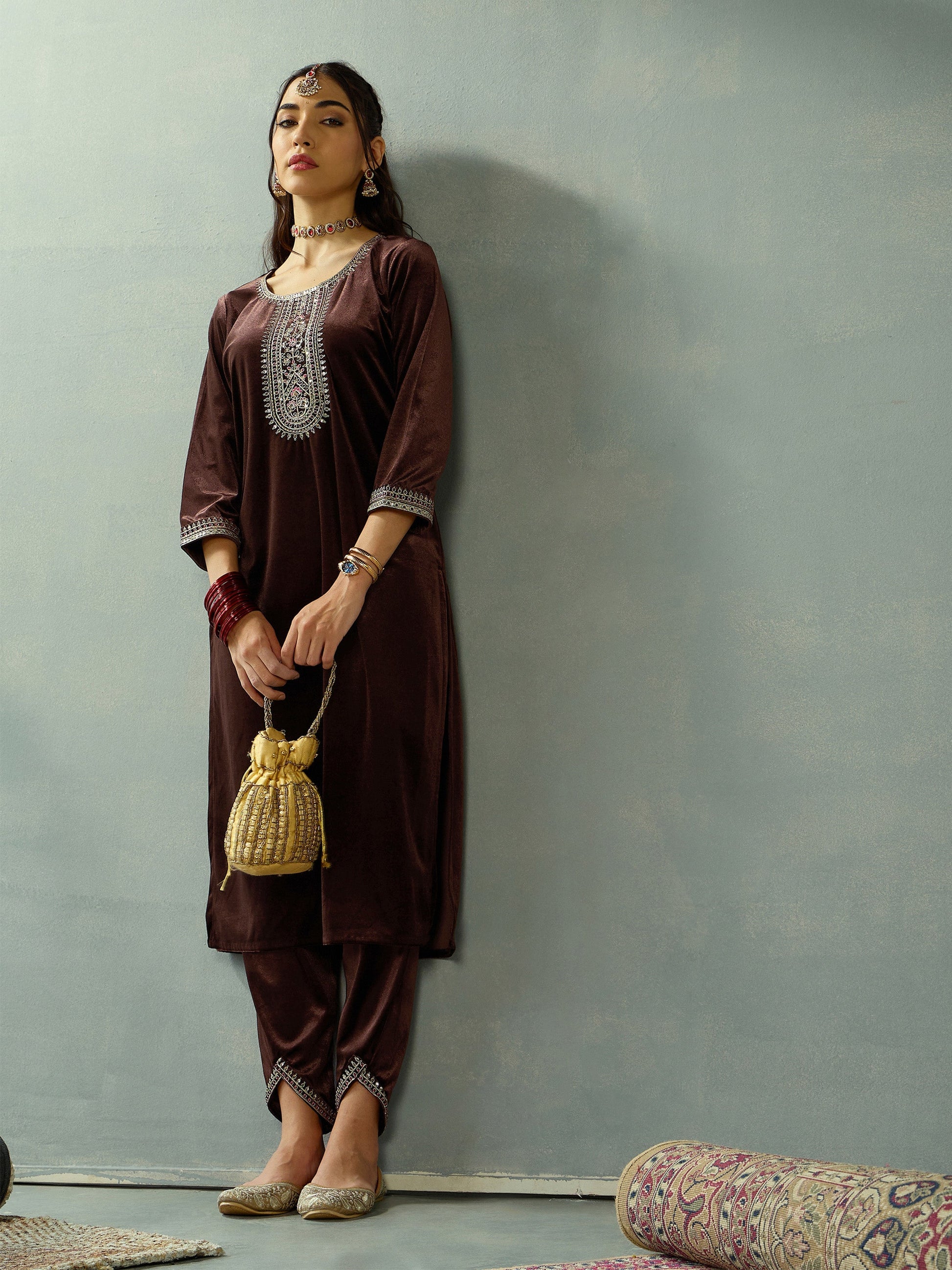 Women's Women Brown Velvet Embroidered Kurta With Tulip Pants in Velvet by Shae for wholesale, bulk, supplier, manufacturer and wholesaler buyers from Trendphoria