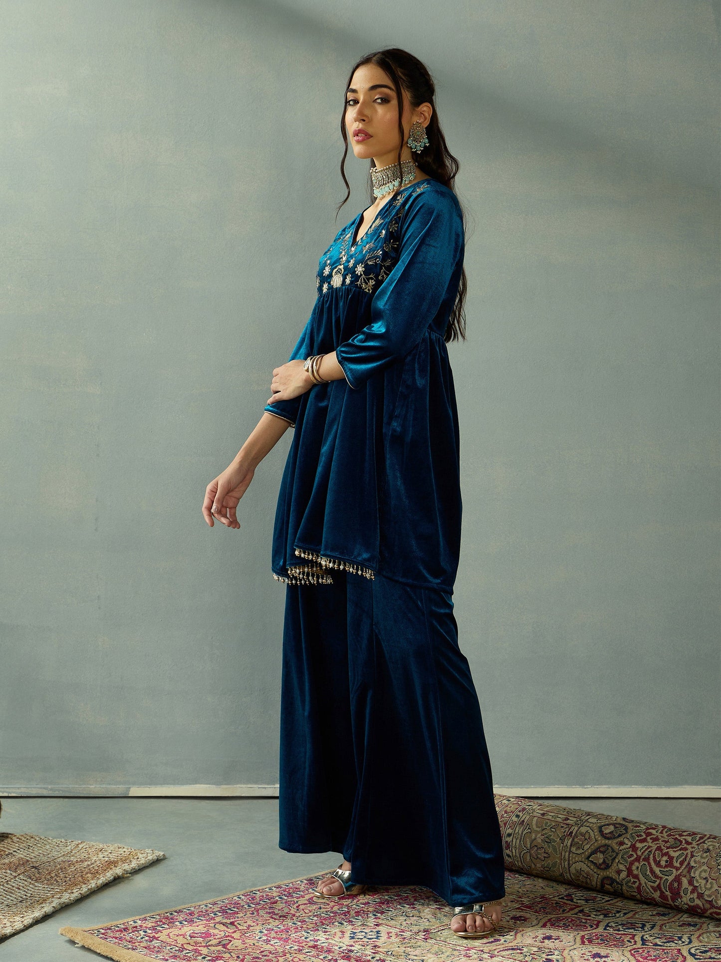 Teal Velvet Embroidered Peplum Top With Palazzos-Shae by SASSAFRAS