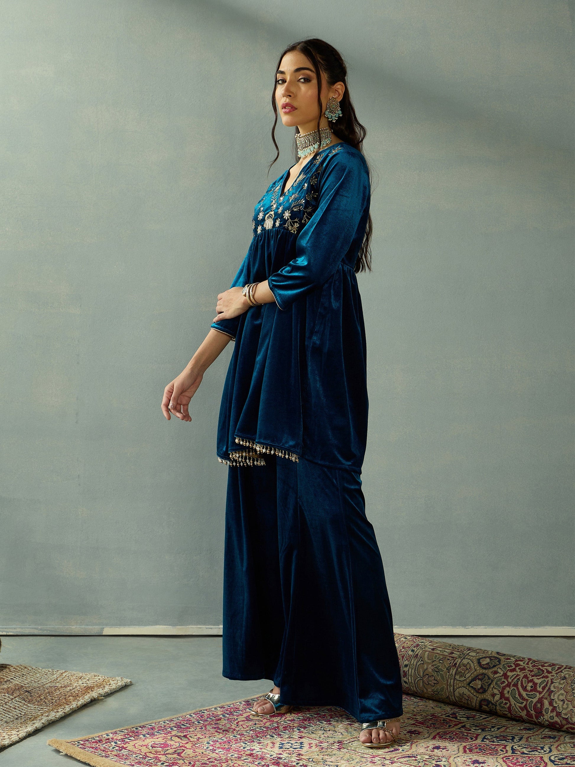 Teal Velvet Embroidered Peplum Top With Palazzos-Shae by SASSAFRAS