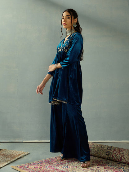 Teal Velvet Embroidered Peplum Top With Palazzos-Shae by SASSAFRAS