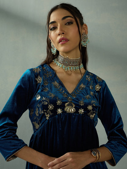 Teal Velvet Embroidered Peplum Top With Palazzos-Shae by SASSAFRAS