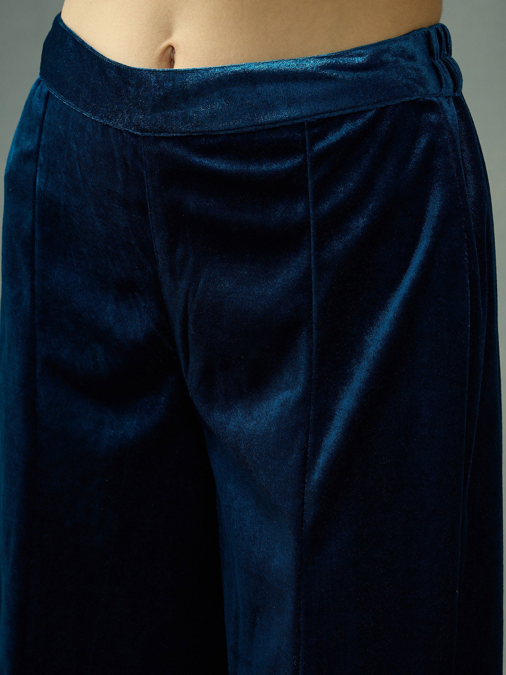 Teal Velvet Embroidered Peplum Top With Palazzos-Shae by SASSAFRAS