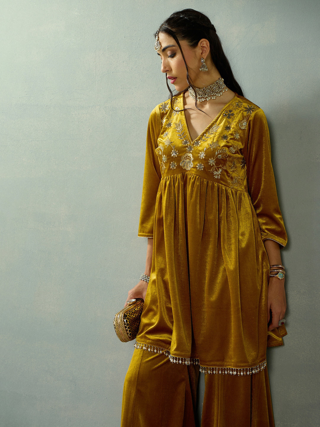 Women's Women Mustard Velvet Embroidered Peplum Top With Palazzos in Velvet by Shae for wholesale, bulk, supplier, manufacturer and wholesaler buyers from Trendphoria