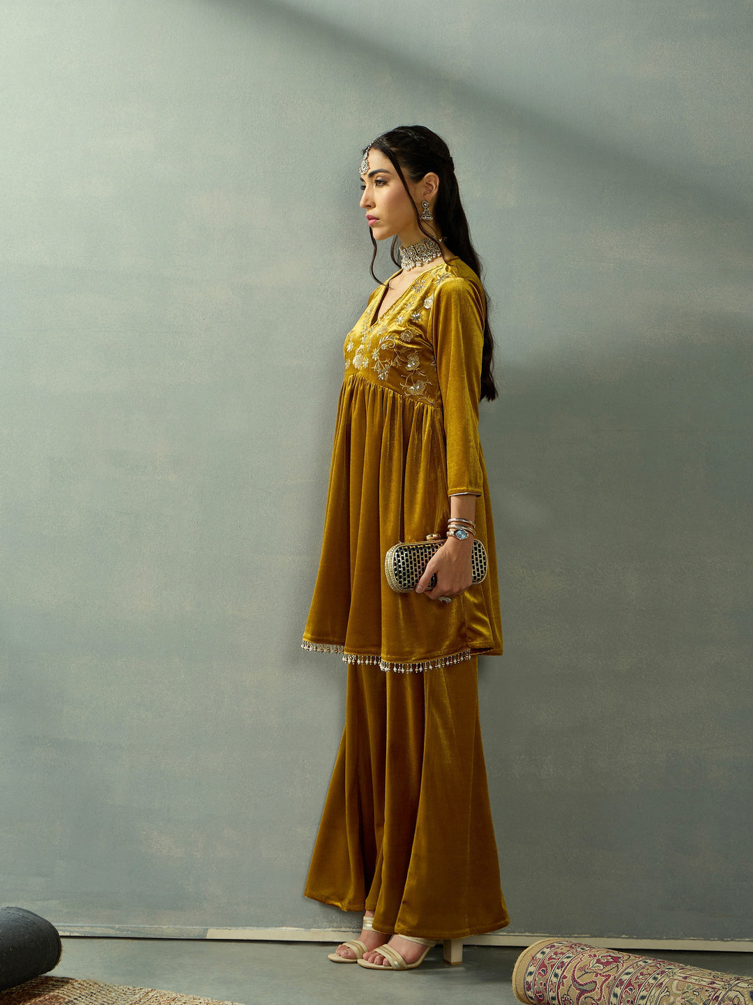 Mustard Velvet Embroidered Peplum Top With Palazzos-Shae by SASSAFRAS