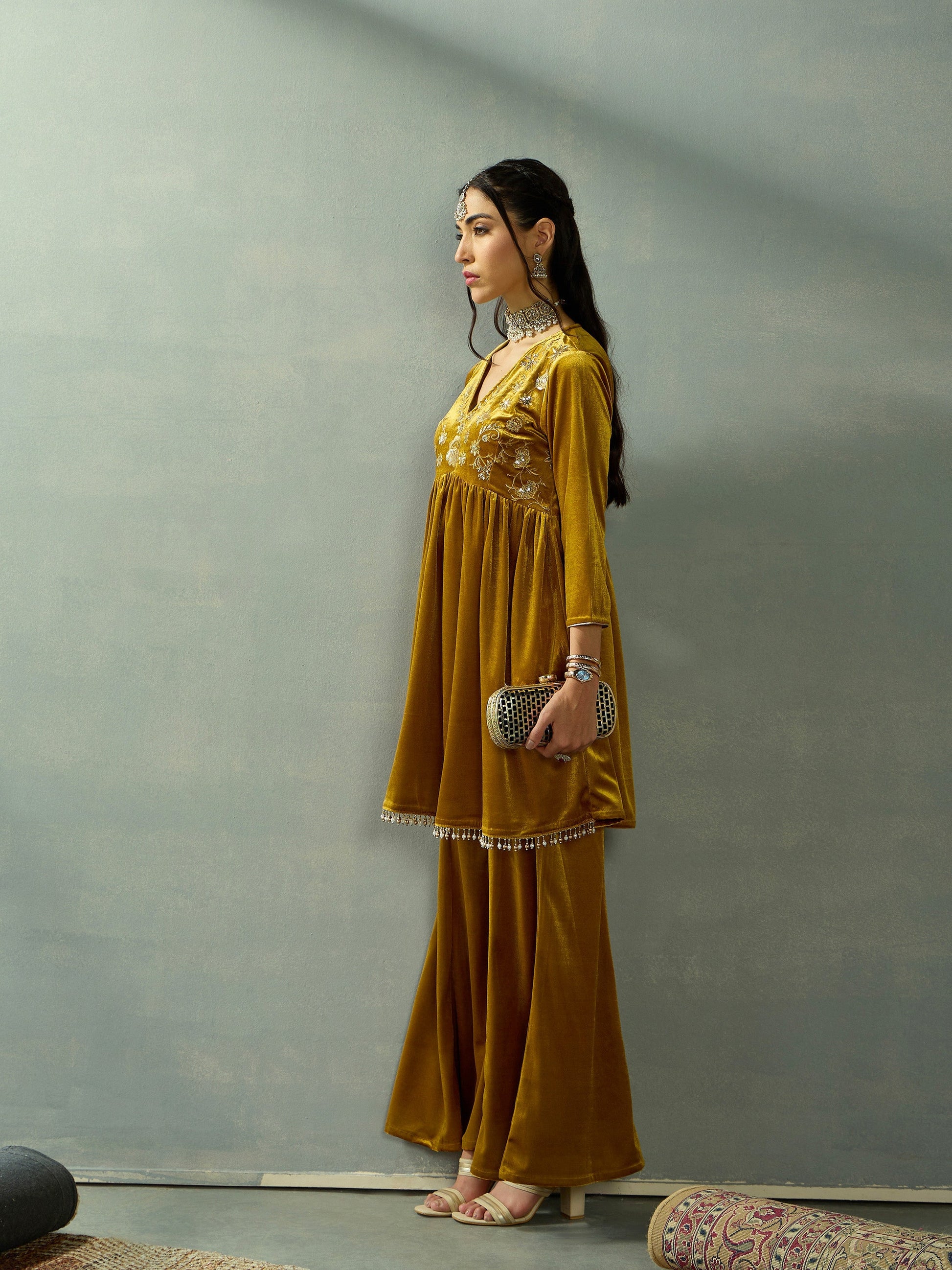 Mustard Velvet Embroidered Peplum Top With Palazzos-Shae by SASSAFRAS