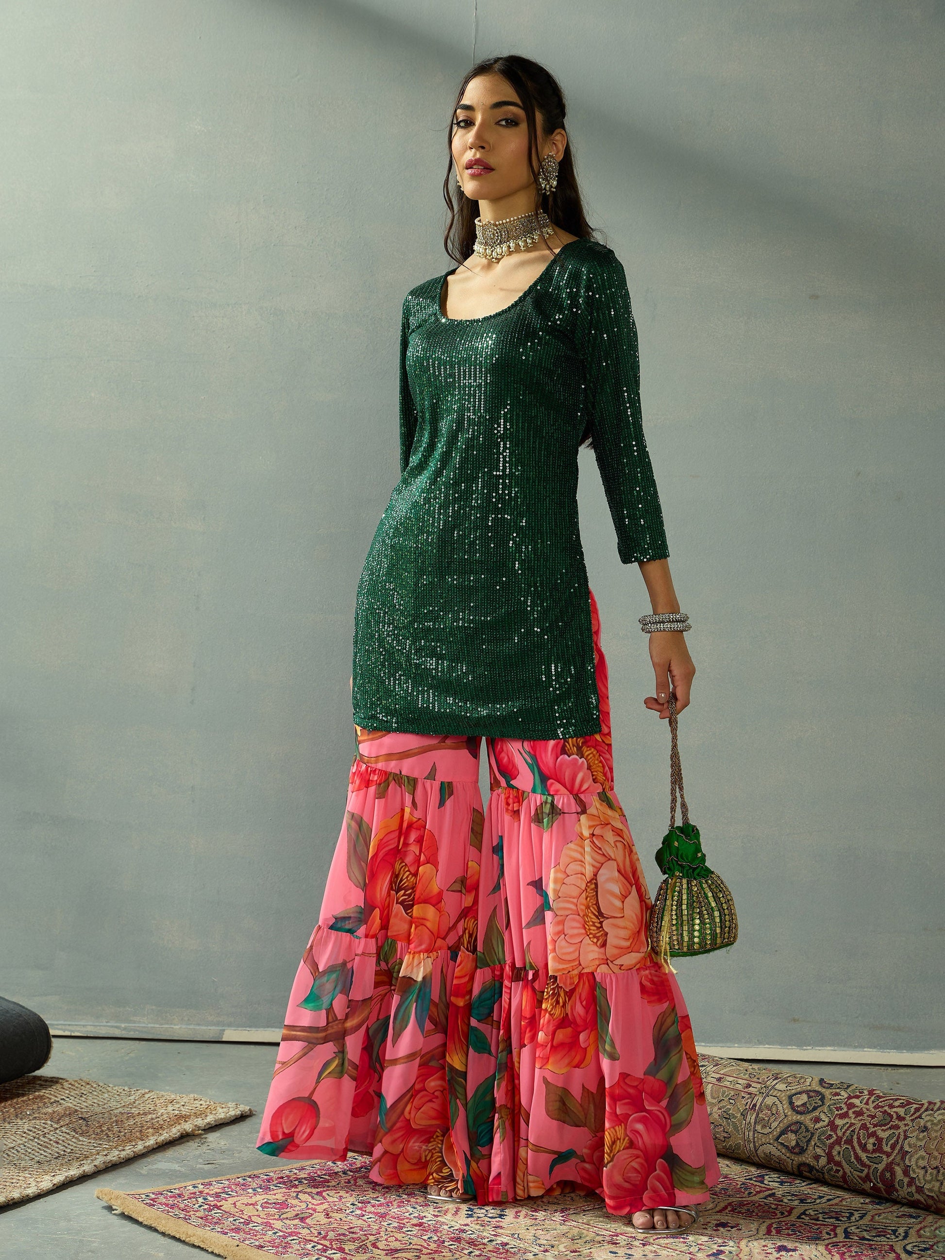 Women's Women Green Sequence Short Kurta With Sharara Pants in Georgette by Shae for wholesale, bulk, supplier, manufacturer and wholesaler buyers from Trendphoria