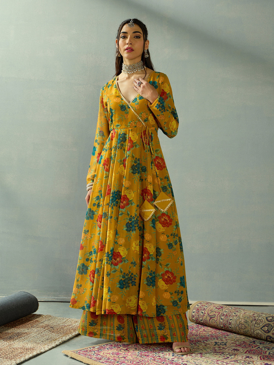 Women's Women Mustard Floral Wrap Anarkali Kurta With Straight Pants in Georgette by Shae for wholesale, bulk, supplier, manufacturer and wholesaler buyers from Trendphoria