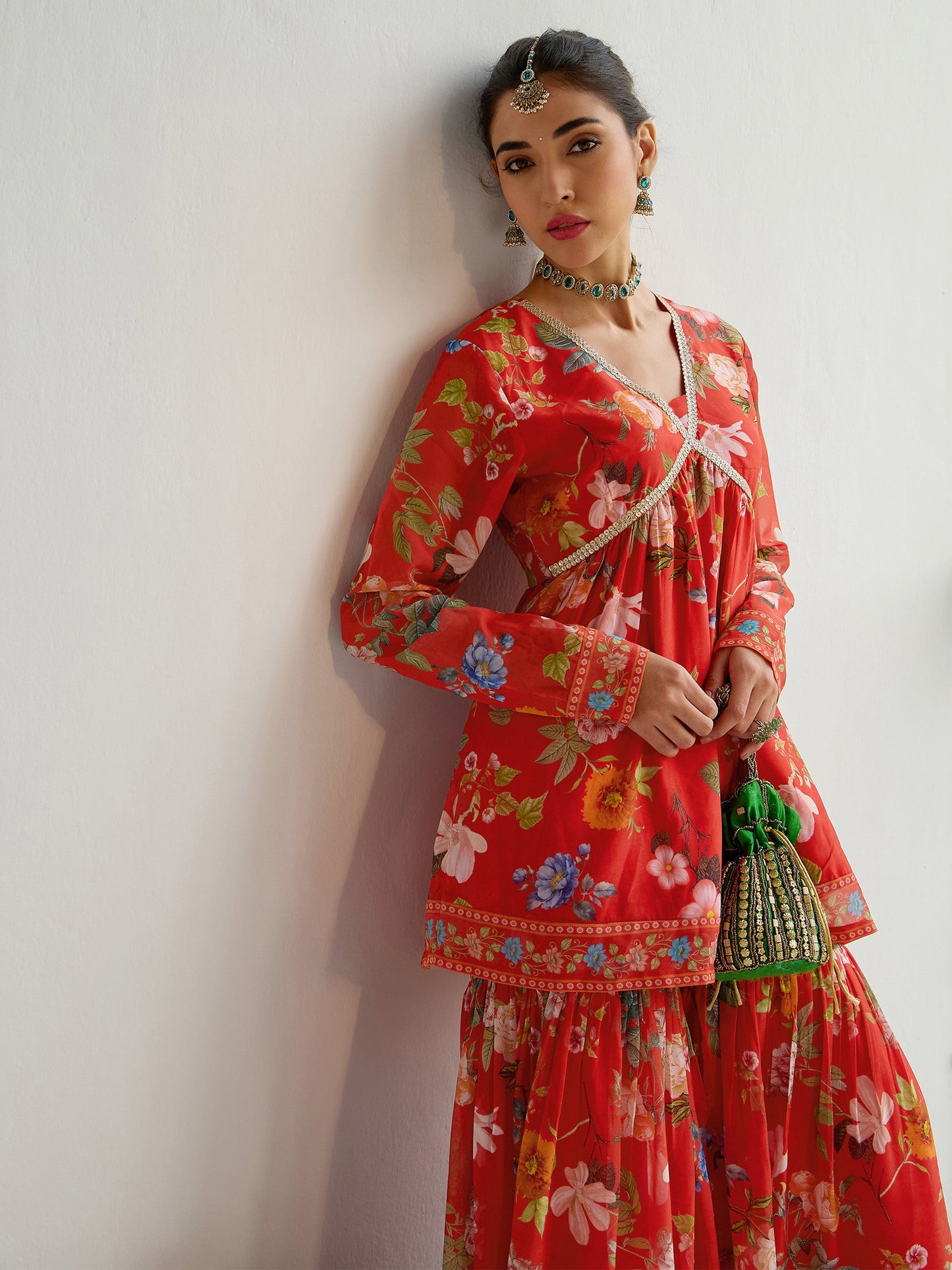 Red Floral Peplum Top With Sharara