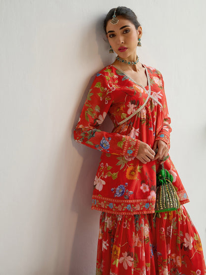 Red Floral Peplum Top With Sharara