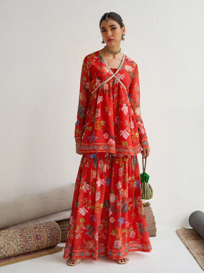 Red Floral Peplum Top With Sharara