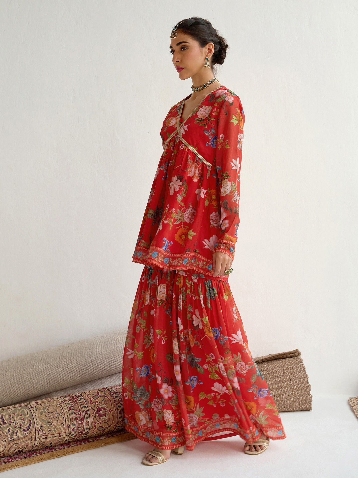 Red Floral Peplum Top With Sharara