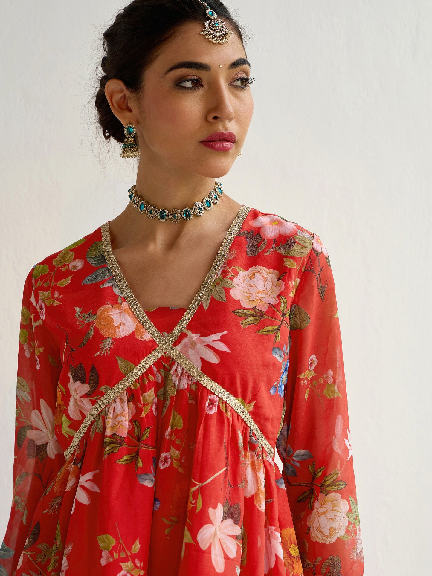 Red Floral Peplum Top With Sharara