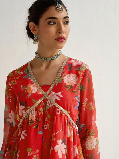Red Floral Peplum Top With Sharara