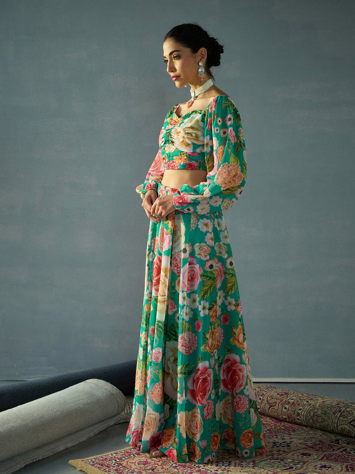 Green Floral Ruching Top With Anarkali Skirt -Shae by SASSAFRAS
