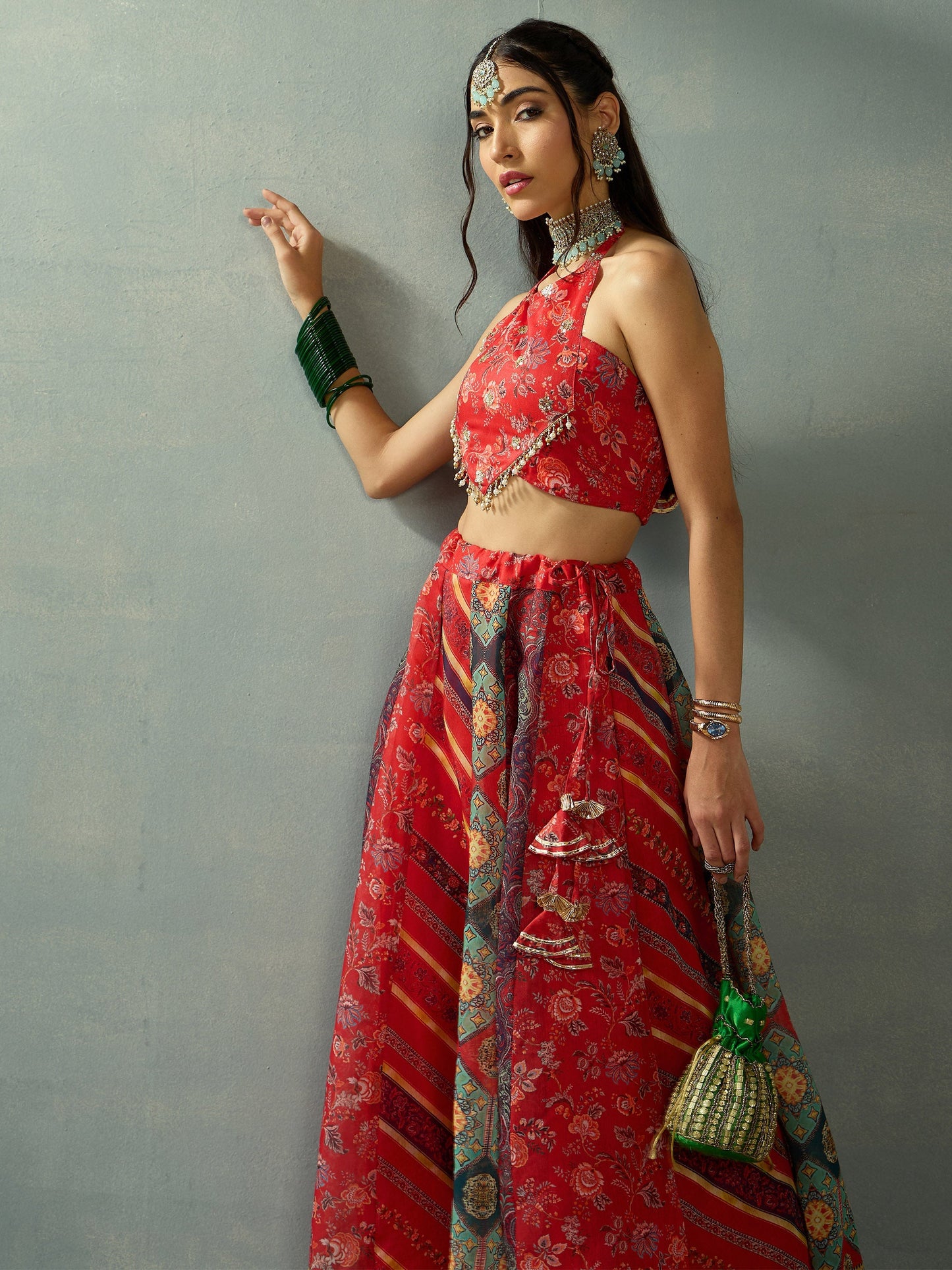 Red Halter Neck Crop Top With Anarkali Skirt