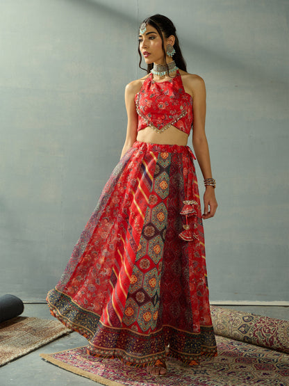 Red Halter Neck Crop Top With Anarkali Skirt