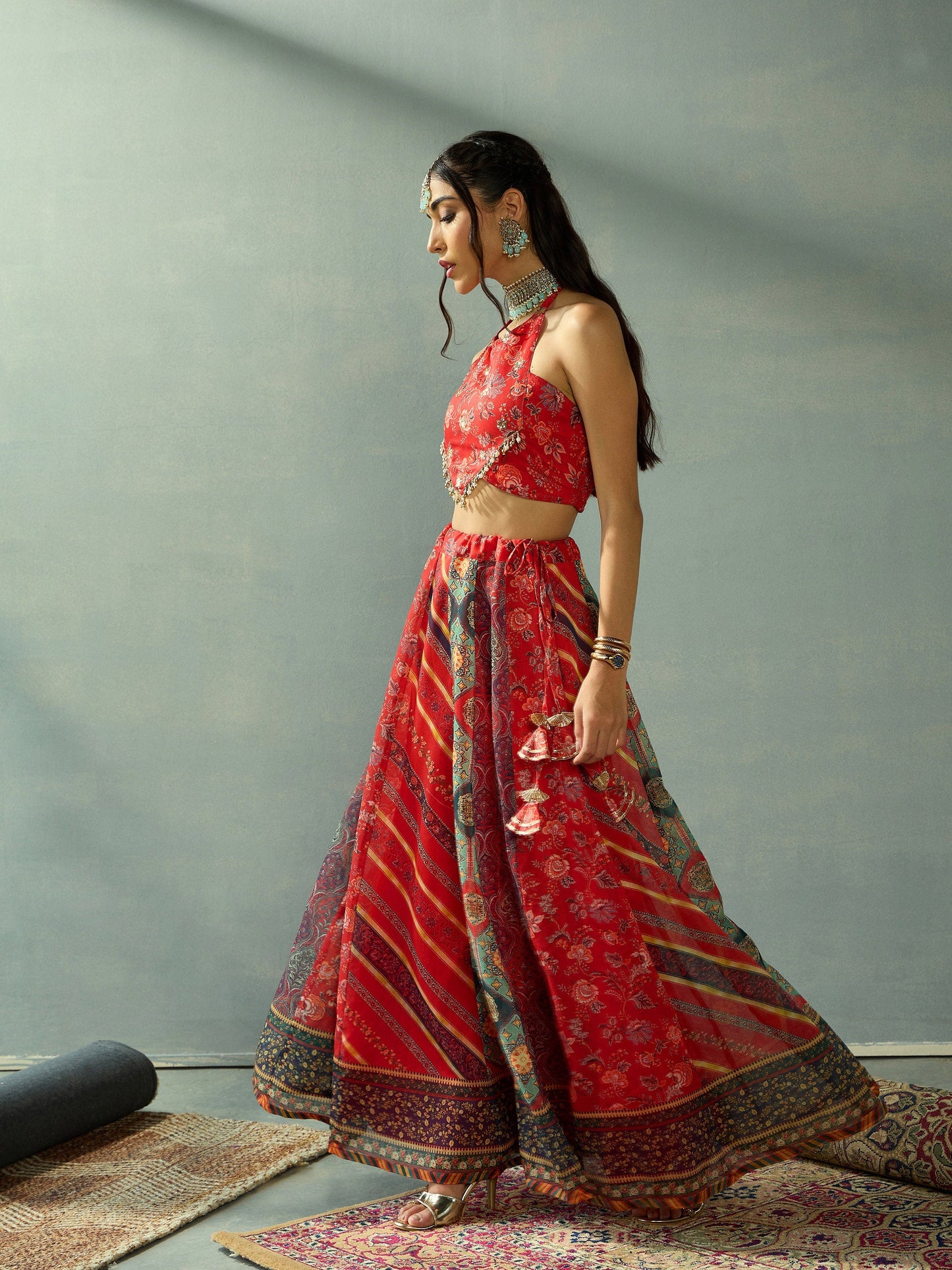 Red Halter Neck Crop Top With Anarkali Skirt