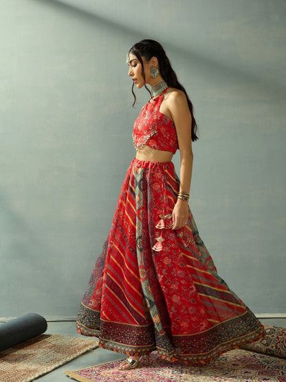 Red Halter Neck Crop Top With Anarkali Skirt