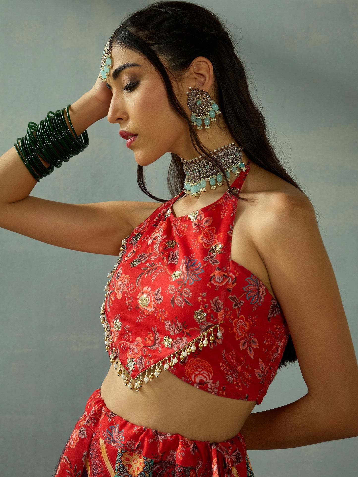 Red Halter Neck Crop Top With Anarkali Skirt