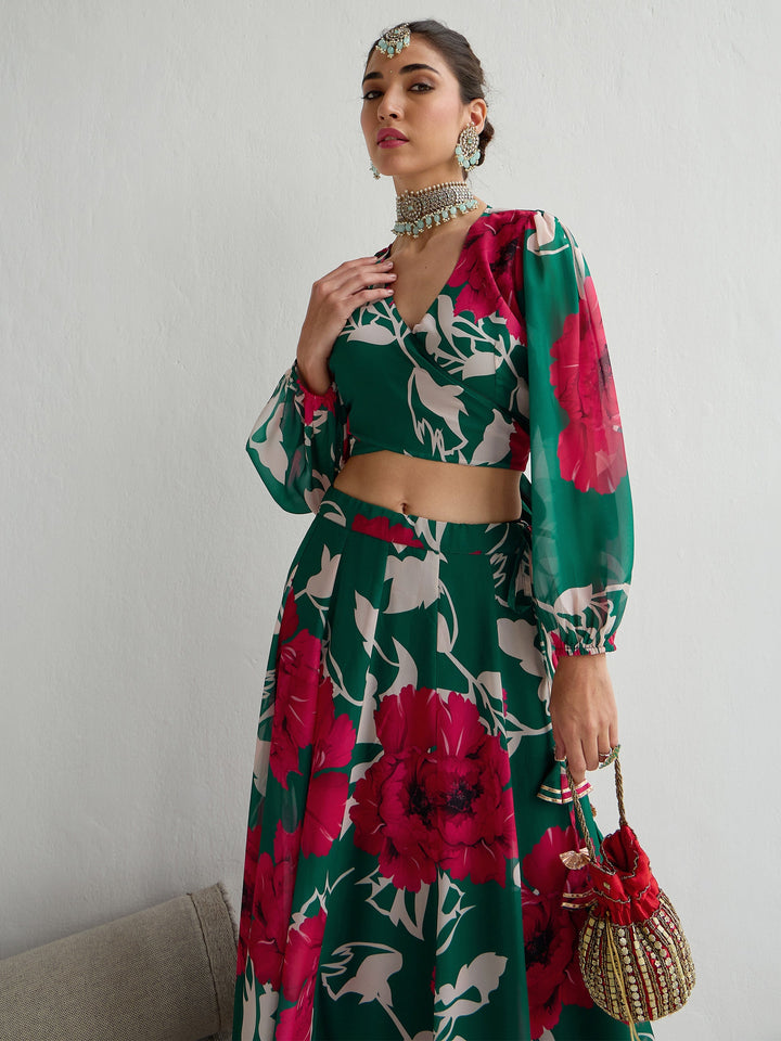 Green &amp; Red Floral Wrap Top With Anarkali Skirt