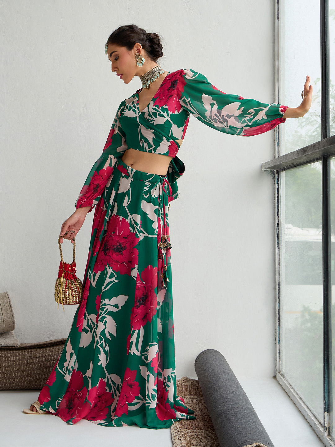 Green &amp; Red Floral Wrap Top With Anarkali Skirt