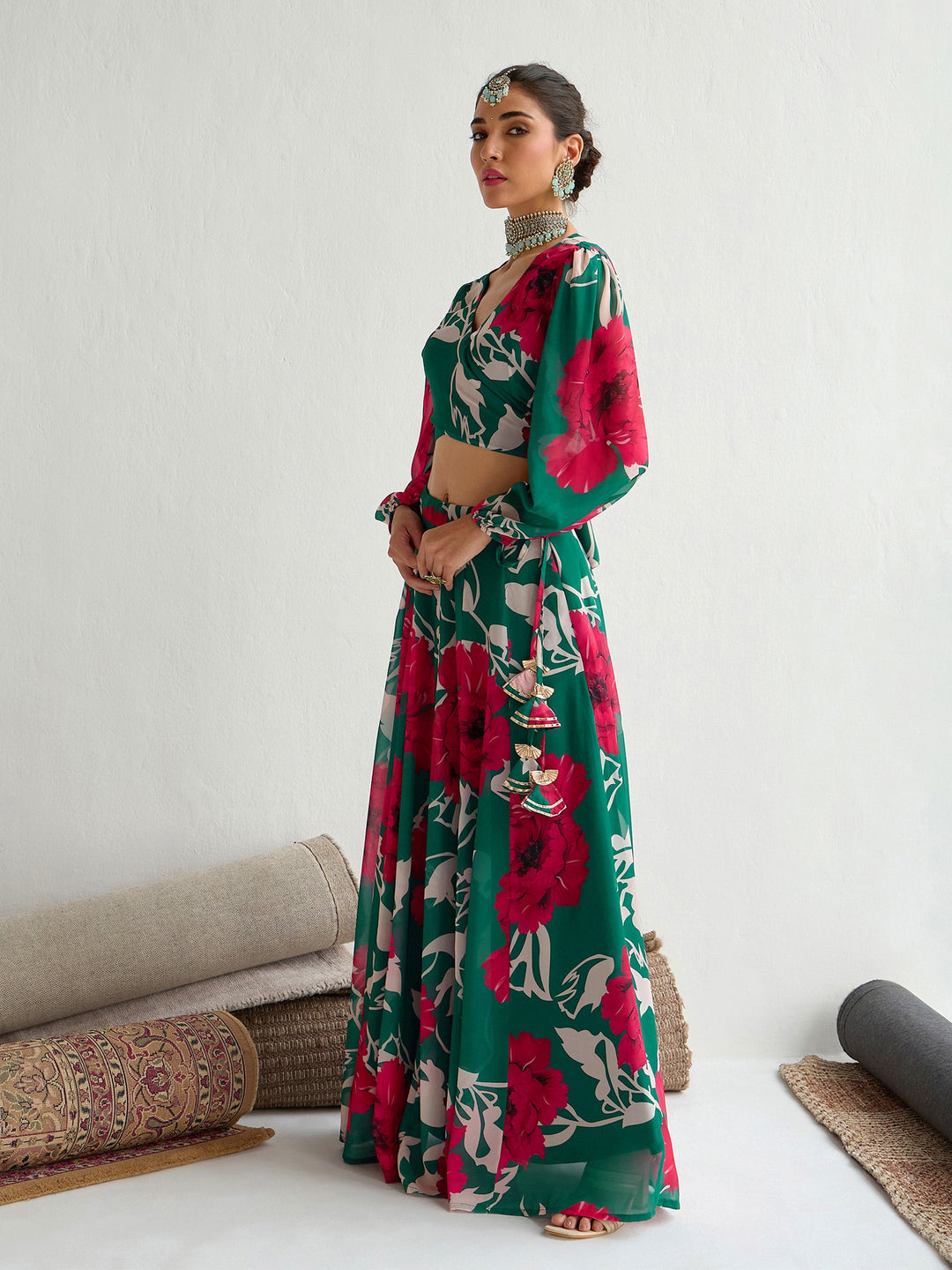 Green &amp; Red Floral Wrap Top With Anarkali Skirt