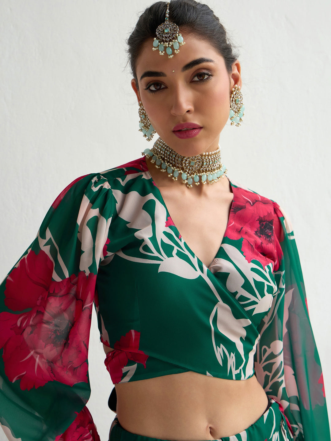 Green &amp; Red Floral Wrap Top With Anarkali Skirt