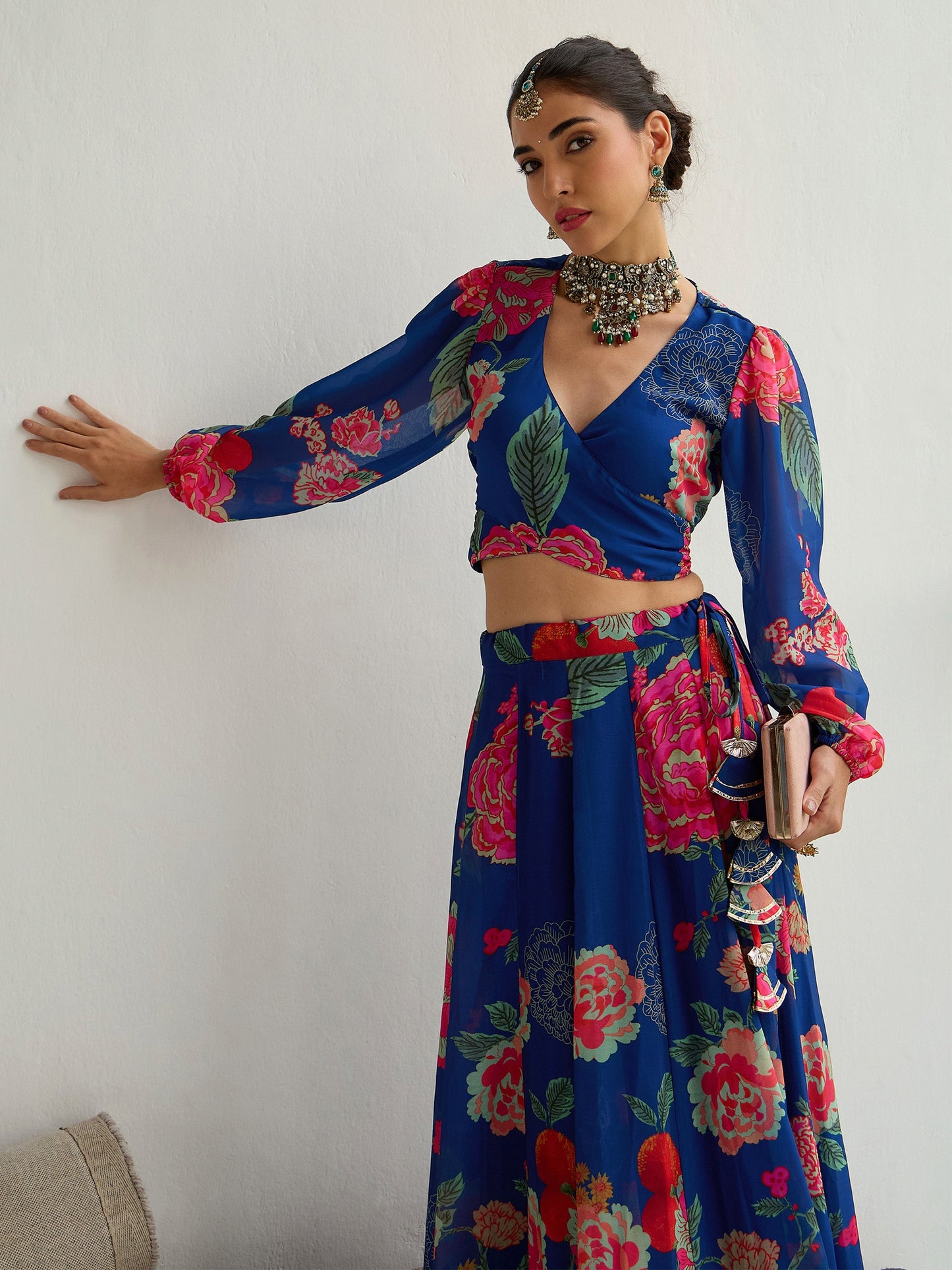Navy & Red Floral Wrap Top With Anarkali Skirt