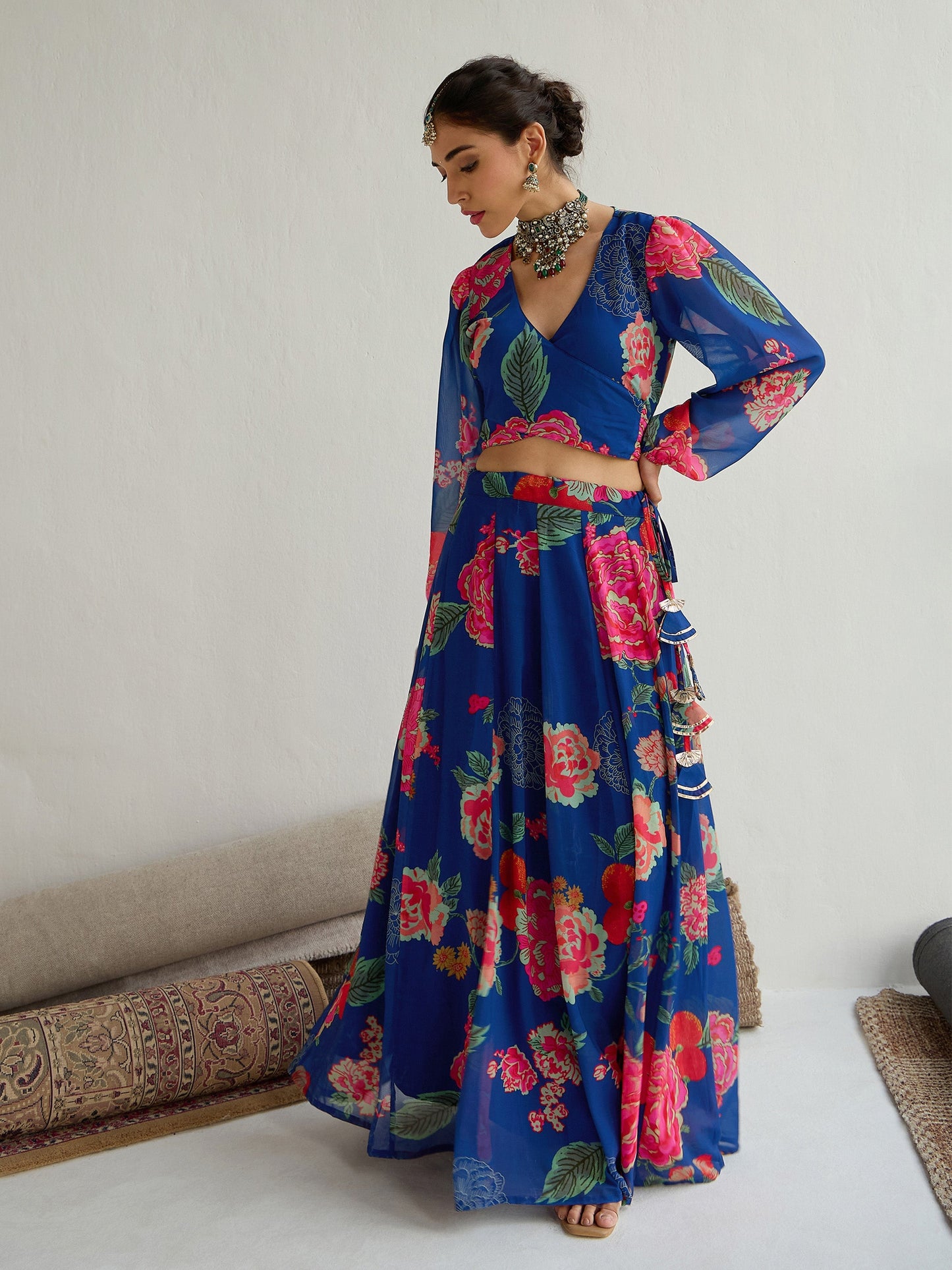 Navy & Red Floral Wrap Top With Anarkali Skirt