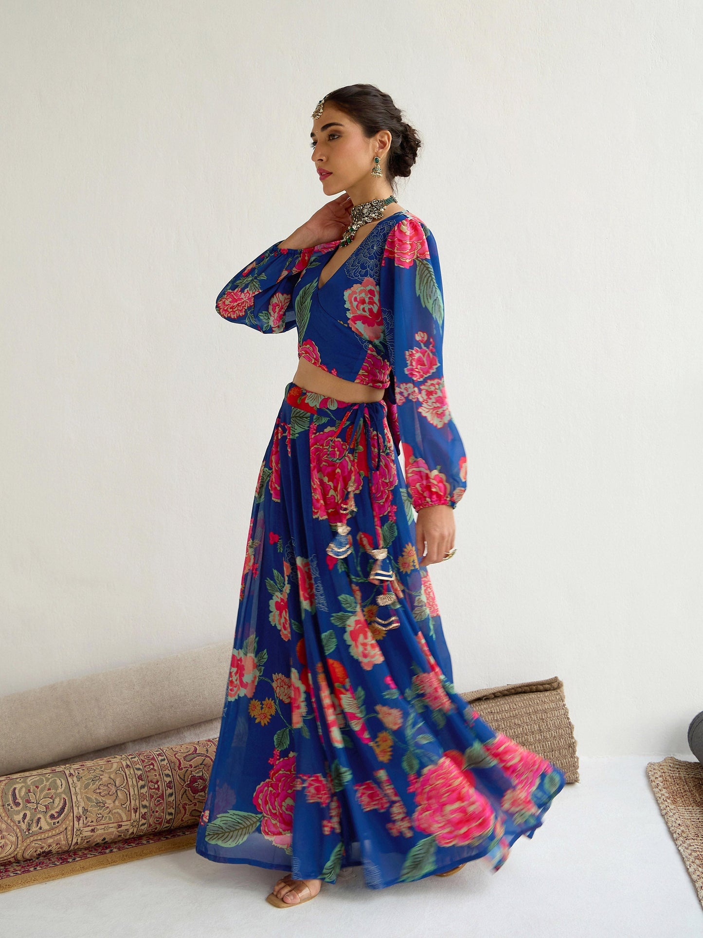 Navy & Red Floral Wrap Top With Anarkali Skirt