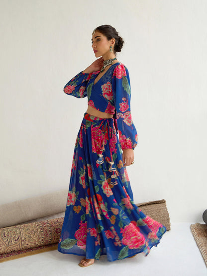 Navy & Red Floral Wrap Top With Anarkali Skirt