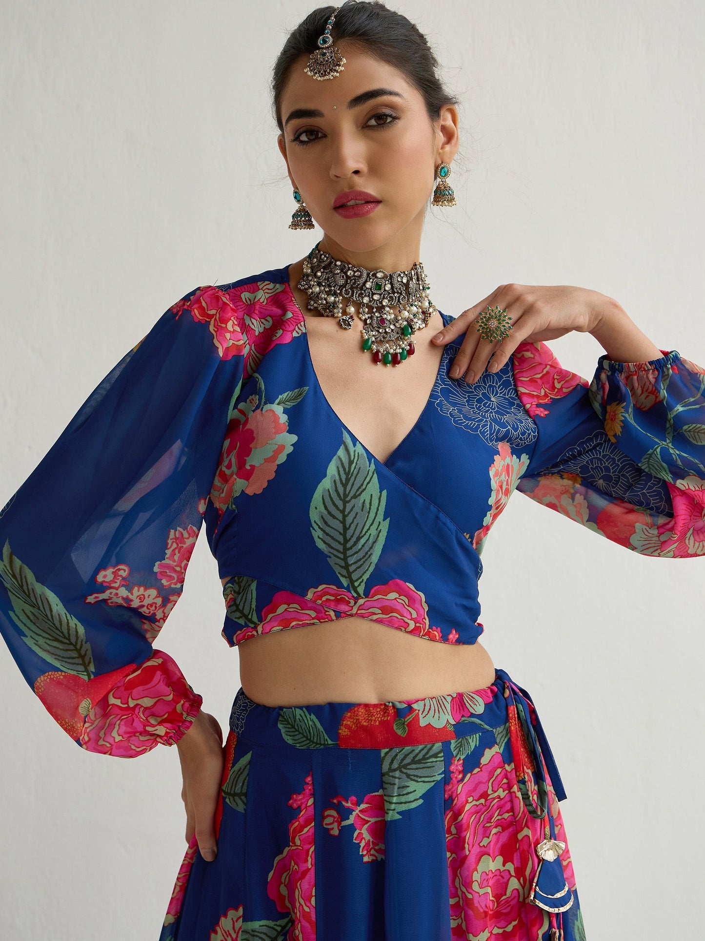 Navy & Red Floral Wrap Top With Anarkali Skirt