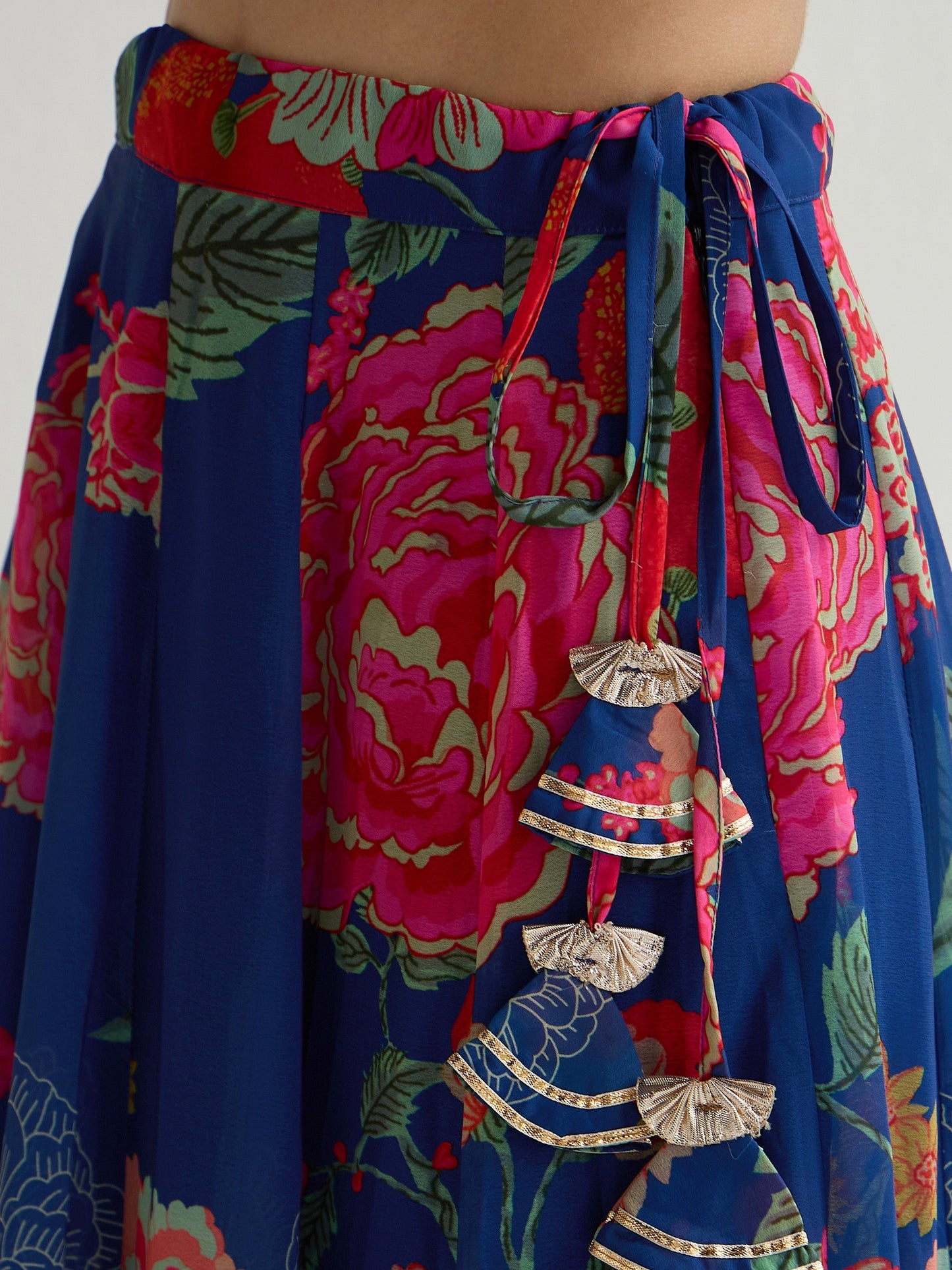 Navy & Red Floral Wrap Top With Anarkali Skirt