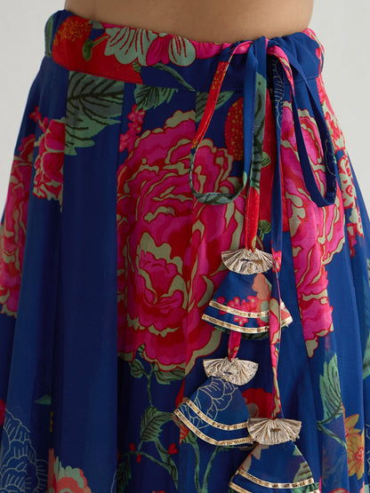Navy & Red Floral Wrap Top With Anarkali Skirt