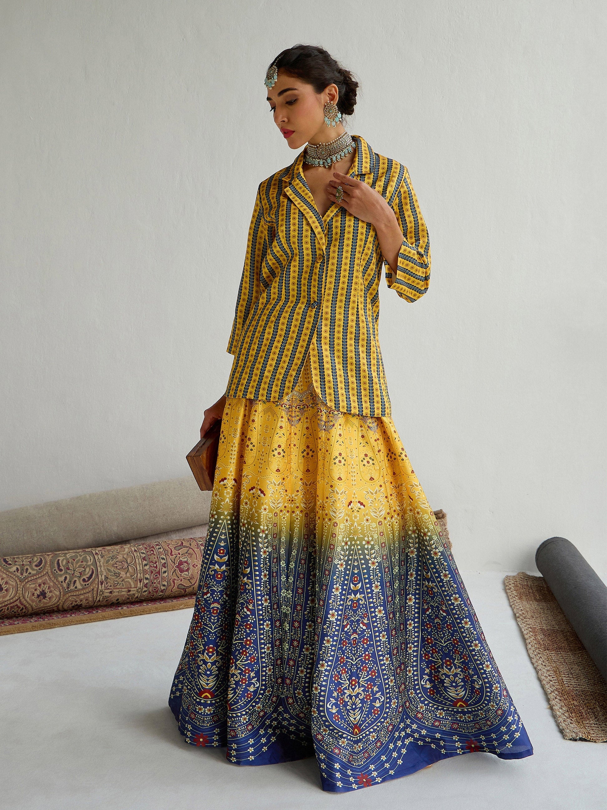 Women's Women Yellow & Blue Floral Blazer Top With Anarkali Skirt in Cotton by Shae for wholesale, bulk, supplier, manufacturer and wholesaler buyers from Trendphoria