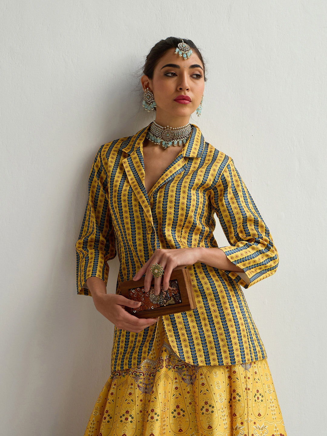 Yellow &amp; Blue Floral Blazer Top With Anarkali Skirt -Shae by SASSAFRAS